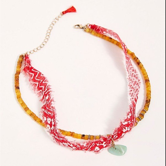New Free People Remy Choker Bandana Beaded Necklace Layered Stone Blue - Picture 2 of 7